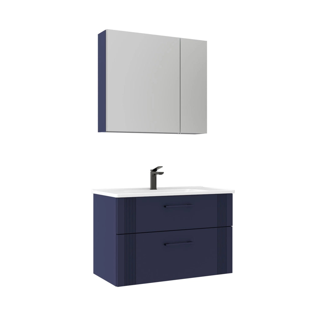 Set mobile lavabo con specchio (2 pezzi) "Bari 85 v2" - 85 x 45 x 55 cm - Blu navy opaco