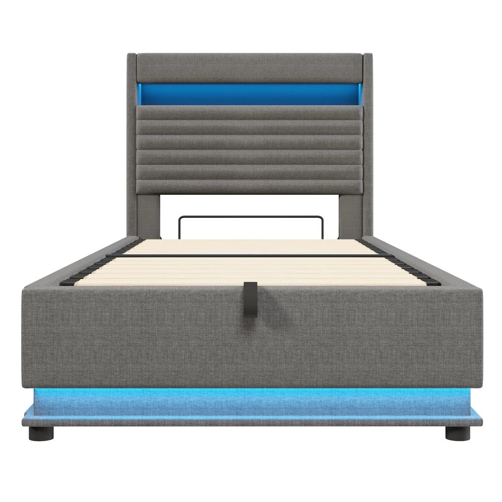 Letto Imbottito con LED e Contenitore Idraulico ¨C Xylo ¨C Grigio, 90x200 cm