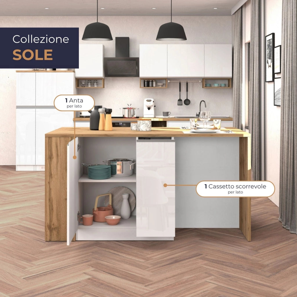 WHOUS Isola da cucina Sole 2 ante 2 cassetti e 1 scaffale bianco lucido/rovere 168x90x91 cm