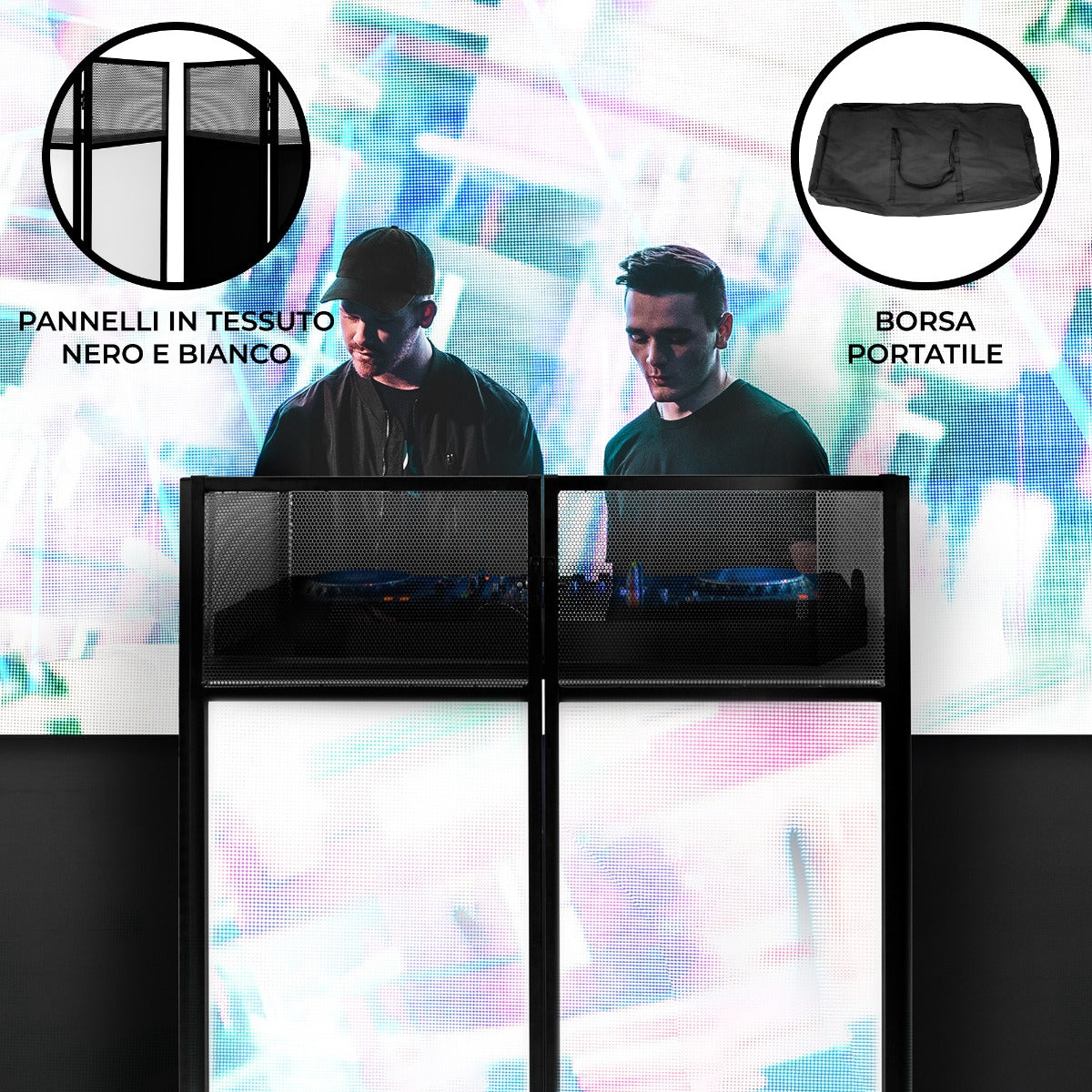 Supporto DJ Booth cabina tavolo pieghevole setup mobile discoteca nero e bianco