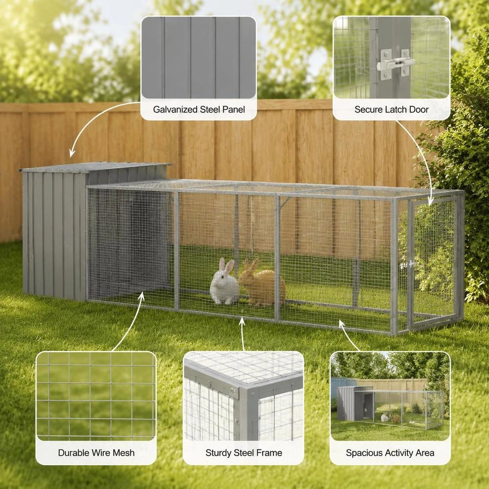 Chicken Cage With Run, Light Grey, 110x405x110 Cm, Galvanized Steel