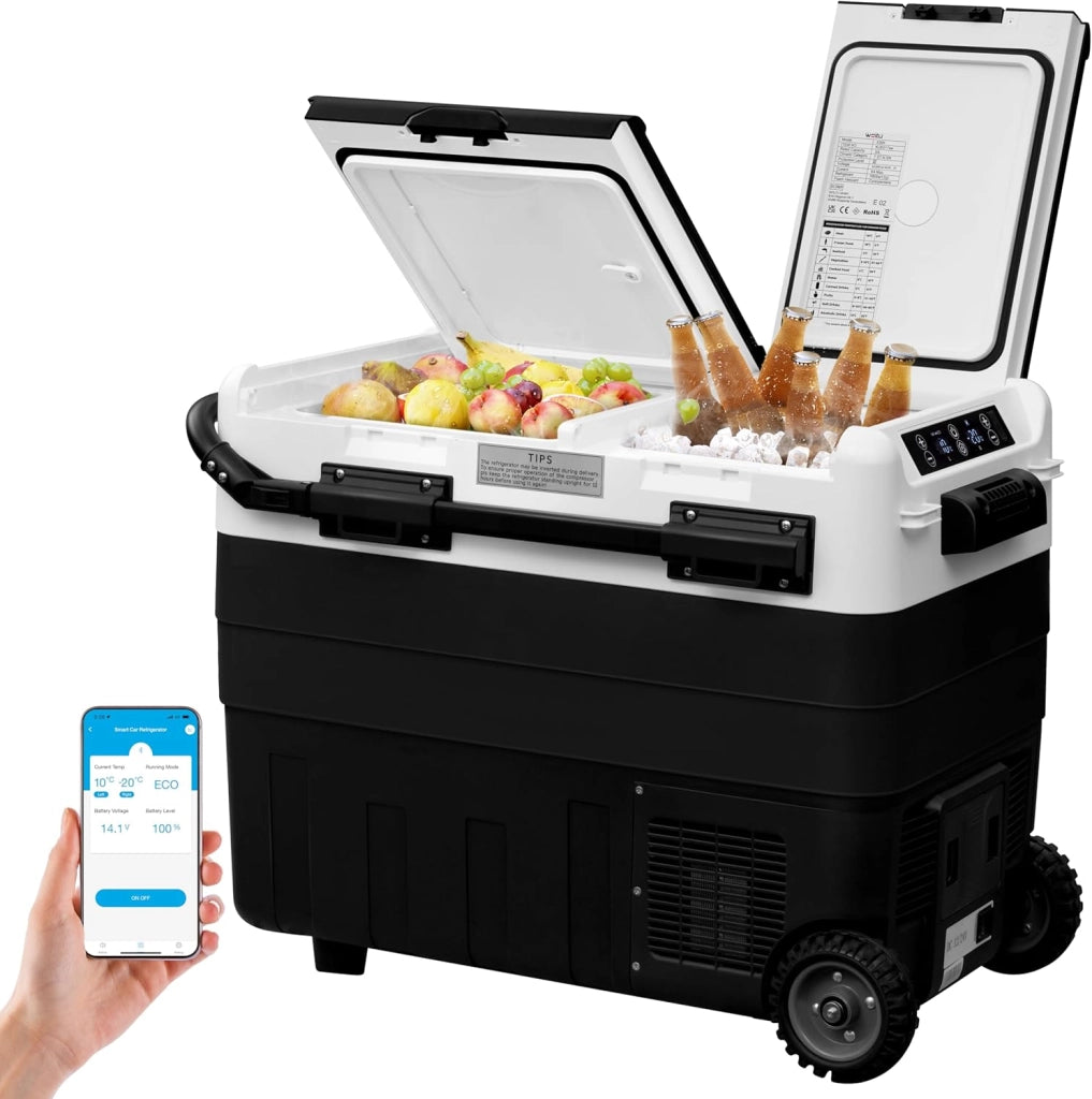 Frigorifero Piccolo per Auto da 50L, Mini Frigo Portatile con Congelatore Piccolo, Frigorifero a Compressore 12V 24V DC, Minifrigo per Campeggio, Viaggio, Auto, Barca, Nero+Bianco