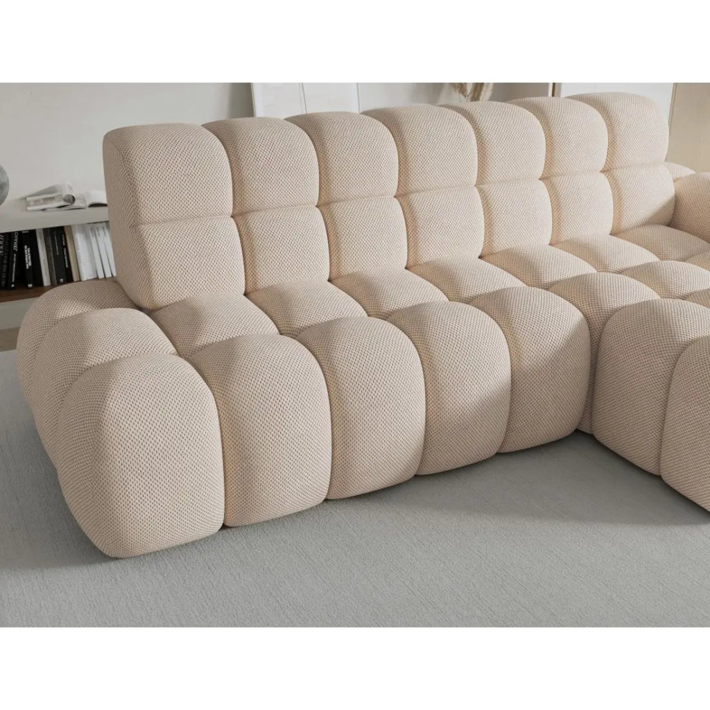 Divano ad angolo convertibile BULLA 3 posti beige angolo destro - tessuto a nido d'ape con estensione seduta elettrica