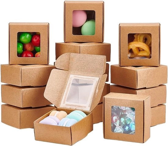 Cadeaudozenti in Kraftpapier - 6,5 x 6,5 x 3 cm - con finestra trasparente - Ideali per biglietti di ringraziamento per matrimoni, regali e gioielli, confezioni per le feste - Quadrati