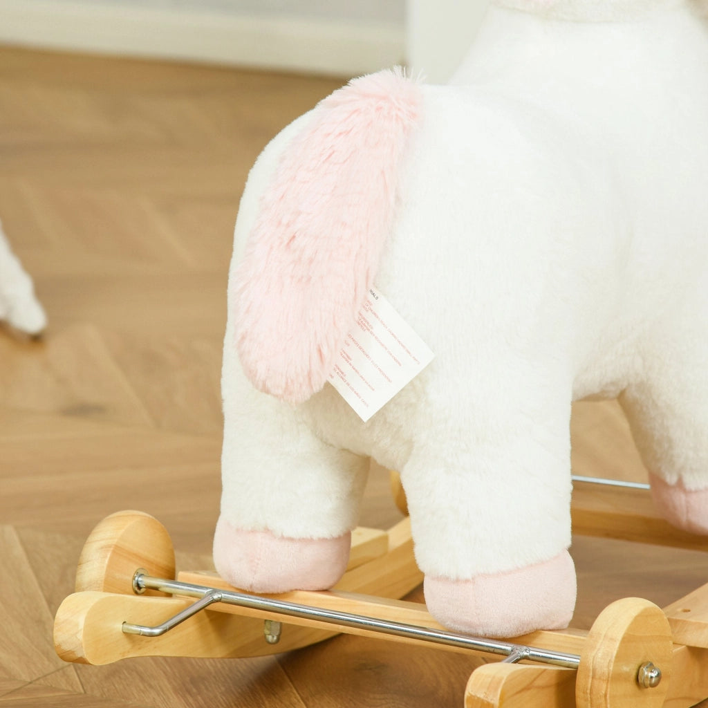 Cavallo a Dondolo Unicorno per Bambini in Legno e Peluche Unicorno Bianco