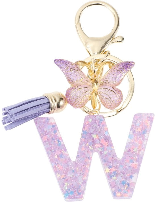Sleutelhanger con iniziale W - Vaso farfalla/Sleutelhanger - Regalo per donne - Resina/Har - Lunghezza pennello 4 cm - Lunghezza complessiva 9,3 cm - Sleutelhanger con iniziale