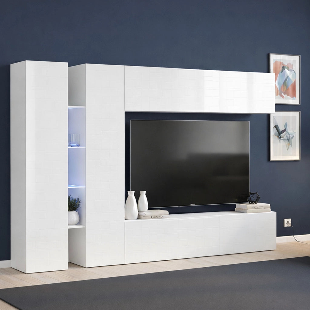 Mobile Soggiorno Enstatite, Parete Attrezzata 15 Ripiani Made in Italy, 280x30x180h cm Bianco Lucido