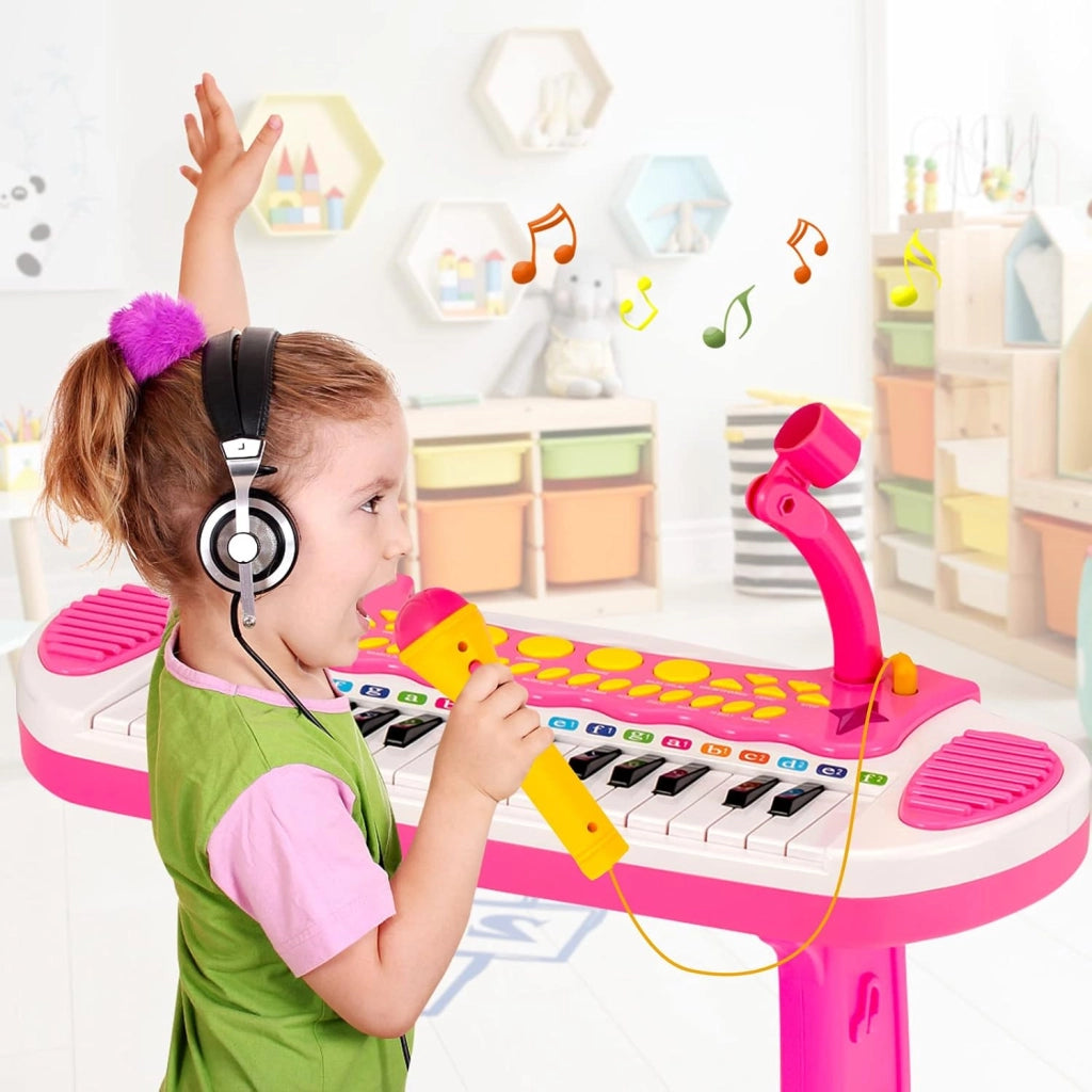 Pianola Bambini Musicale Tastiera, Tastiera Digitale a 31 Tasti, Mini Tastiera per Bambini con Effetti Luminosi e Microfono, Strumenti Musicali con Sgabello, 22 Battiti/8 Toni/7 Ritmi (Rosa)