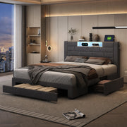 Letto matrimoniale 160x200 cm velluto grigio, testiera con vano portaoggetti, porte USB, luci RGB‑LED controllabili da app e telecomando, 3 cassetti contenitore