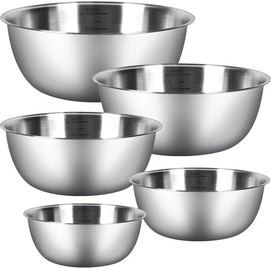Set di cucchiai da mescolare - Ciotola di miscelazione in acciaio inossidabile - Set a 5 pezzi - Resistenti al lavastoviglie - Spazialmente efficienti - Accessori da cucina - Ideali per la preparazione della pasta