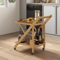 Carrello da Cucina Portavivande Pieghevole a 2 Livelli con Portabottiglie in Legno di Bambù