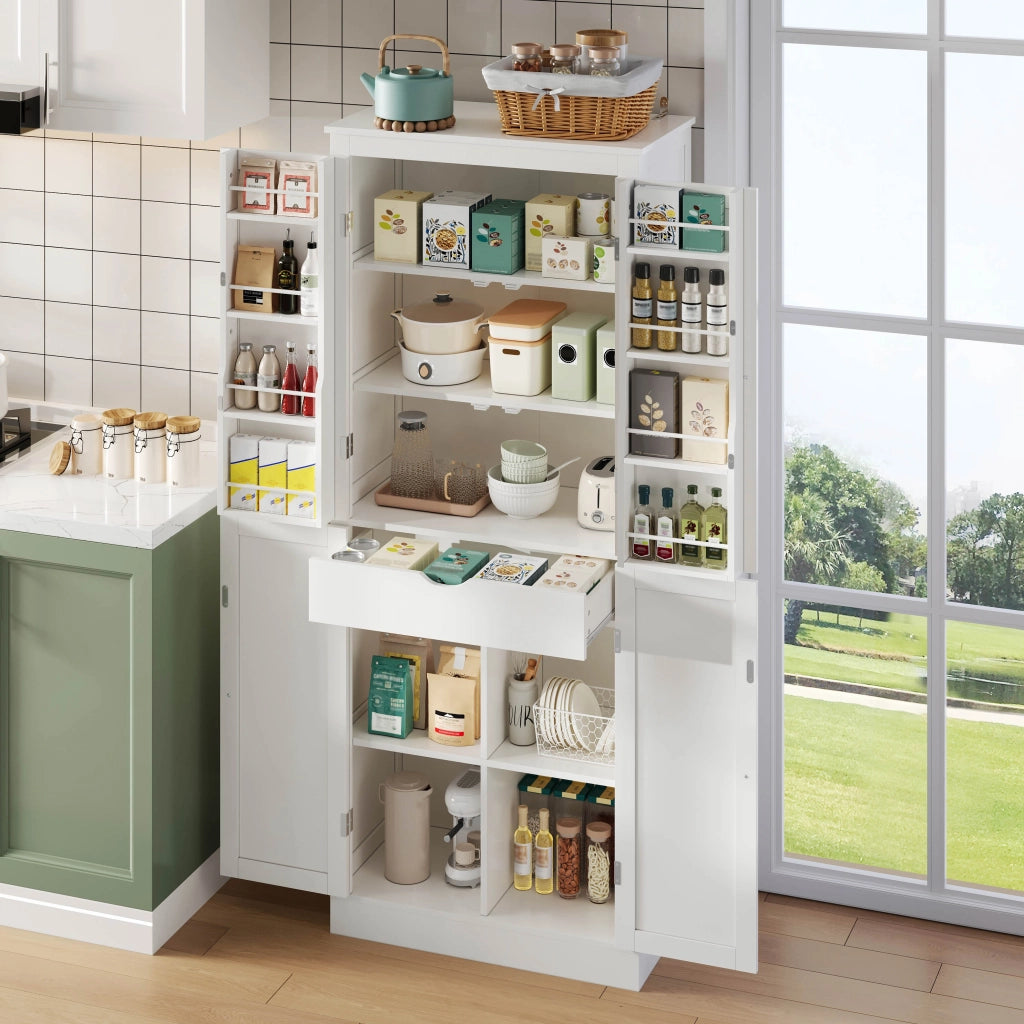 Credenza alta multifunzionale con ante, ripiani interni e cassetto, 182 × 40 × 75 cm, in MDF, bianco