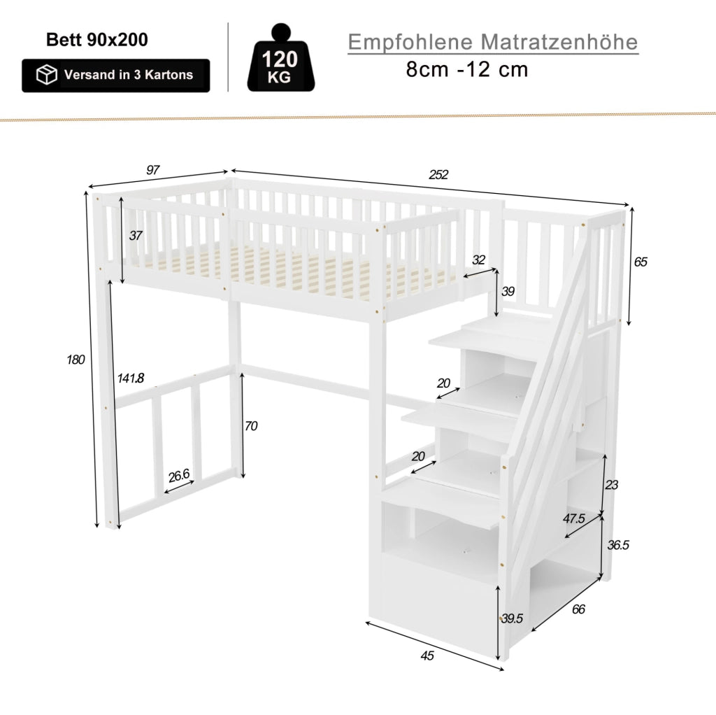 Letto a soppalco 90x200 cm con scala contenitore; legno; bianco (Senza materasso)