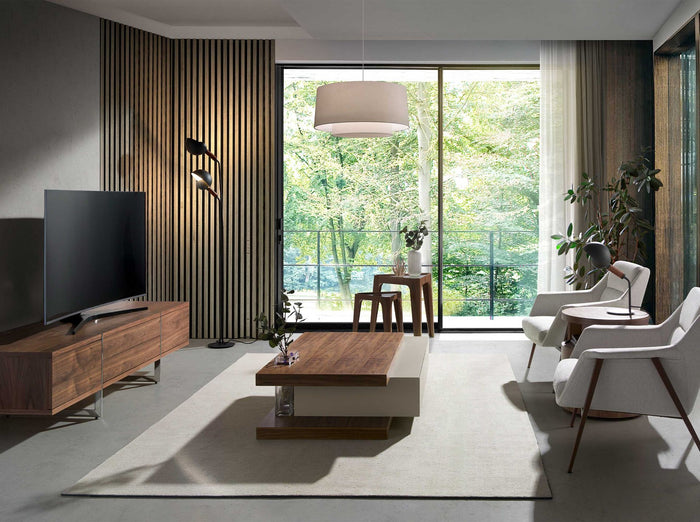 Tavolo angolare triangolare in vetro temperato e noce