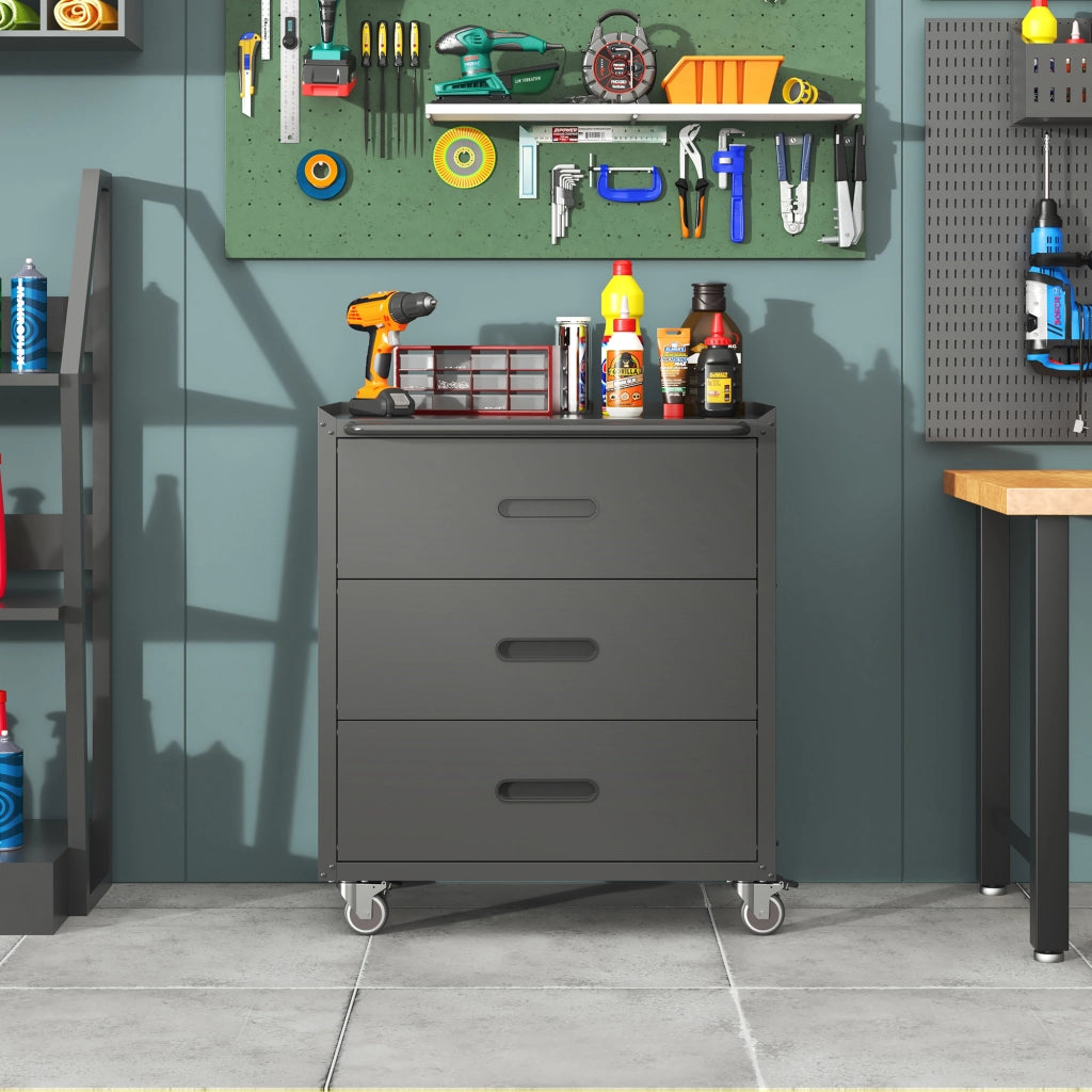 Carrello armadio portautensili in metallo con 3 cassetti, 75 × 42 × 88 cm, nero/grigio