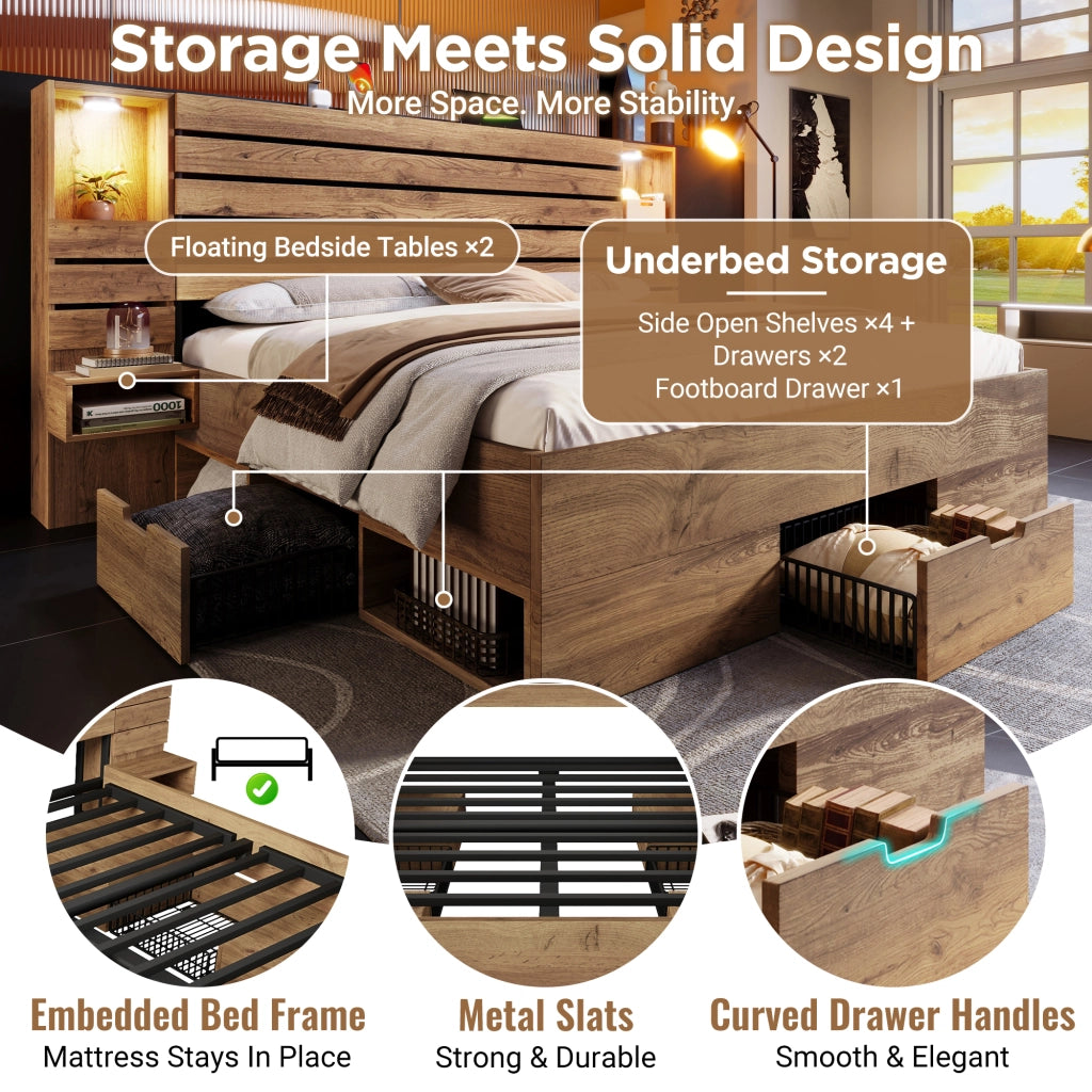 OKWISH Letto Contenitore 180×200 cm, Letto Matrimoniale con LED Regolabile, USB, Type C e Cassetti, senza Materasso, in Legno, Rovere