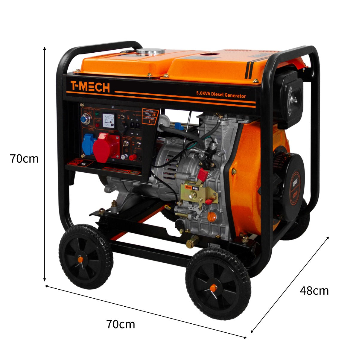 T-Mech 10CV Generatore Portatile Trifase 12.5Lt Diesel 5000W 14 ore di autonomia con meta' Pieno 2 prese da 230V / 400V con 4 ruote facile da trasportare ottimo per Garage Officina Cantiere Campeggio