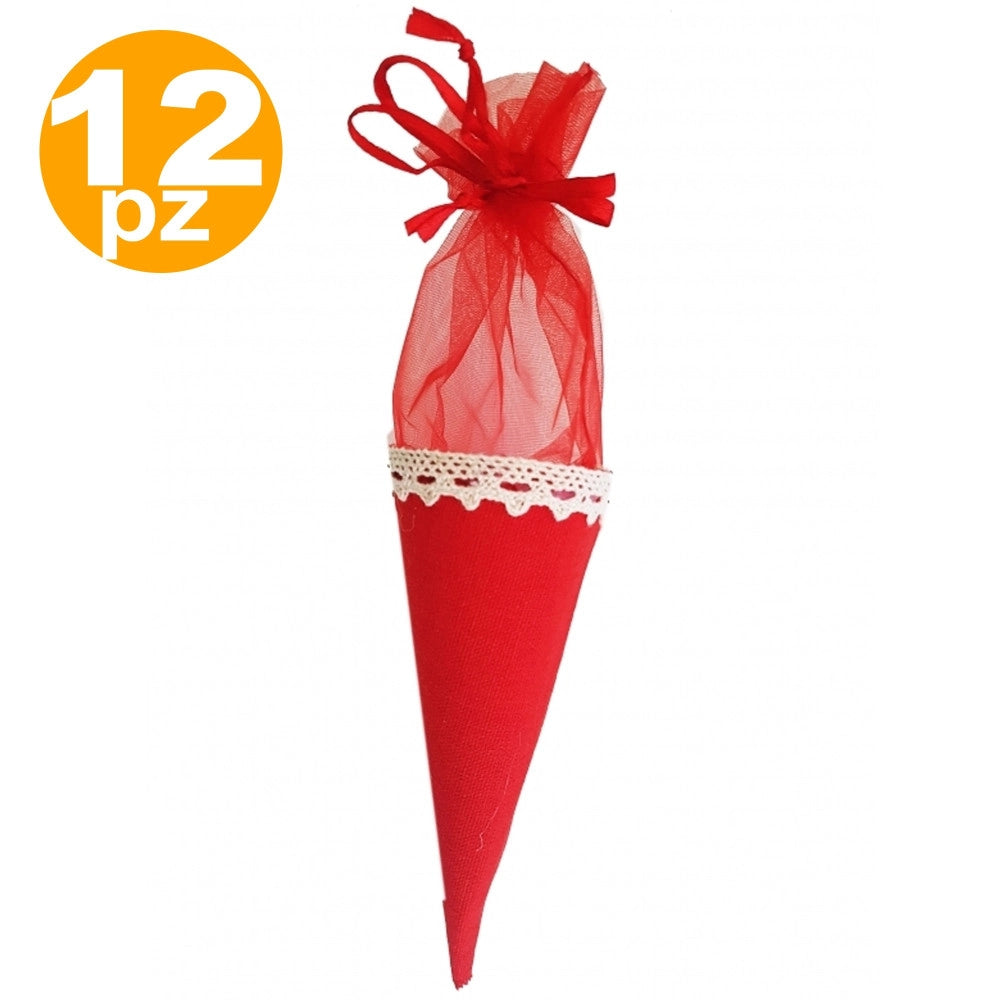 Trade Shop - Set Bomboniere Cono Rosso In Tessuto Sacchetto Porta Confetti Riso Porta Fortuna -