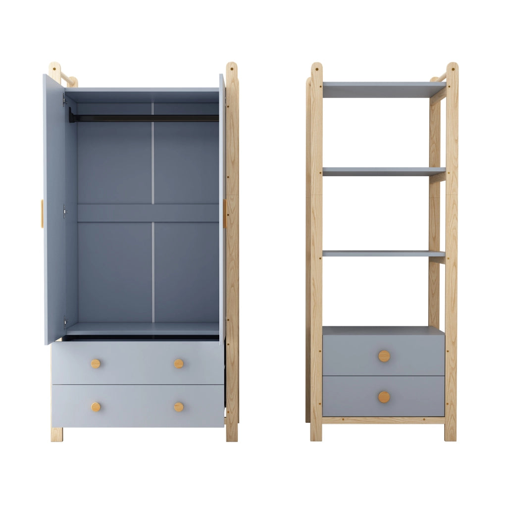 Guardaroba combinata con scaffale, barra appendiabiti e cassetti, struttura in legno e pannelli blu, h 180 cm