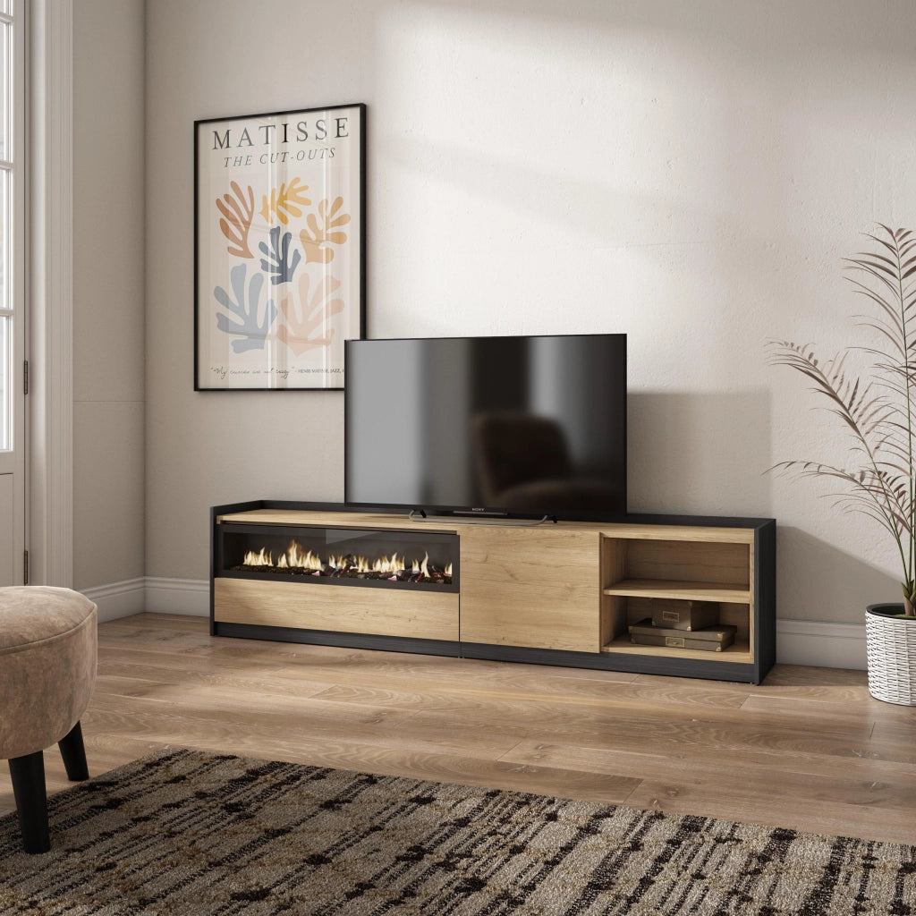 Mobile TV Soggiorno, 207x50x37 cm, Per TV fino a 80", Camino elettrico, Rovere e nero