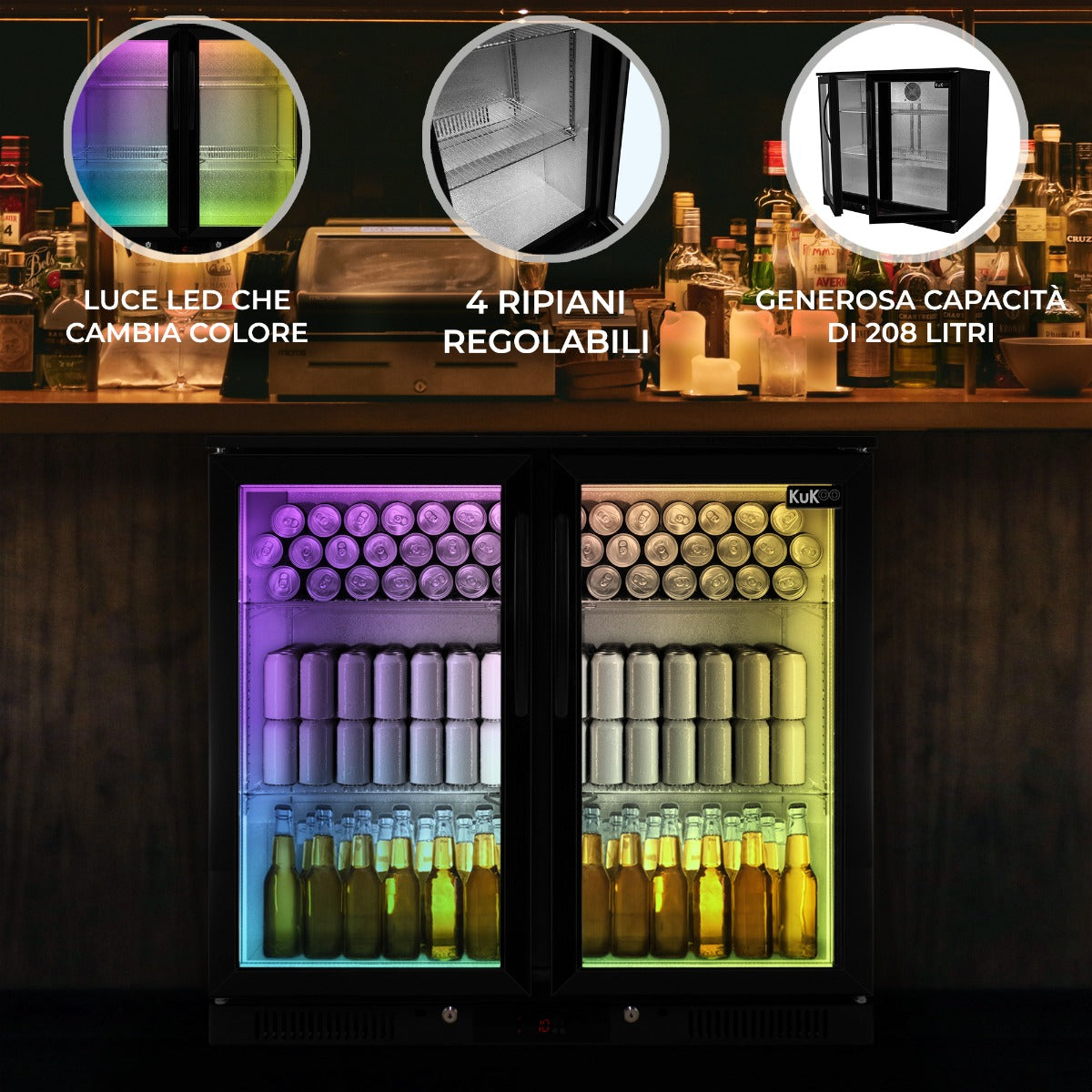 Frigorifero Refrigeratore Bar commerciale a doppia porta a battente Birra Vino Luce LED