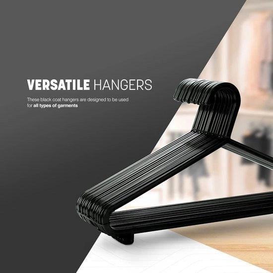Hangers per adulti in plastica nera con stanghe e ganci per abito, pantaloni e camicia (37,5 cm larghezza) (25pz)