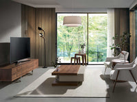 Tavolo angolare triangolare in vetro temperato e noce