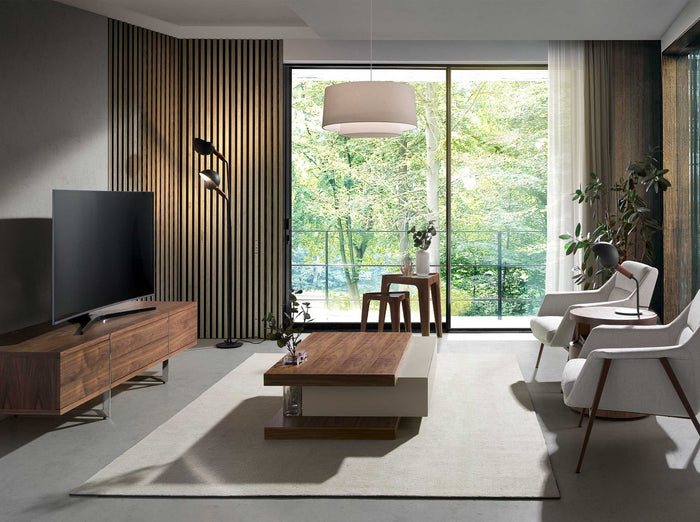 Tavolo angolare triangolare in vetro temperato e noce