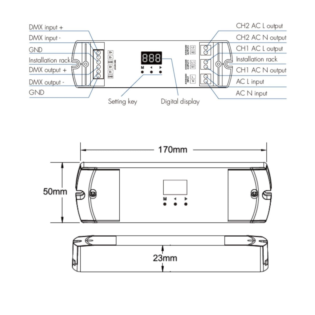 Dimmer DMX512 Triac 2 Canali per Lampade LED Dimmerabili 220V Taglio di Fase, Driver Triac, Alogene e Incandescenza, 1A/CH, RDM, S1-D