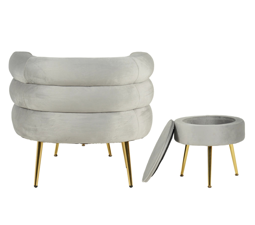 Poltrona Camera da Letto e Salotto in Velluto con Poggiapiedi Contenitore - Poltroncina Relax Moderna con Gambe in Metallo Placcato Oro - Design Moderno, Seduta Morbida con Cuscino - Sedia in Velluto - Grigio