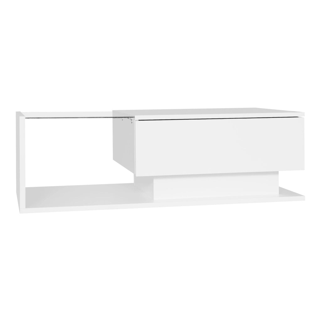 Tavolino da caff¨¨ bianco lucido 100x50x32 cm con piano in vetro, cassetto e illuminazione LED intelligente