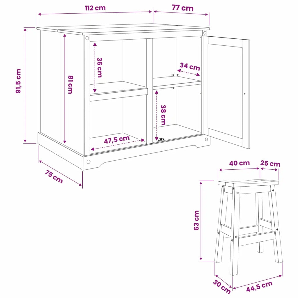 Set isola da cucina con porta 3 pcs Cera di Miele Pino Massello 3425396