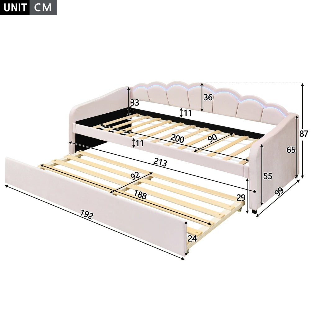 LETTO con letto estraibile 90x200 cm in velluto rosa con LED