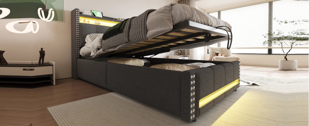DESMIU Letto per bambini 90 × 200 cm con LED, USB, vano contenitore e idraulico, senza materasso, lino grigio