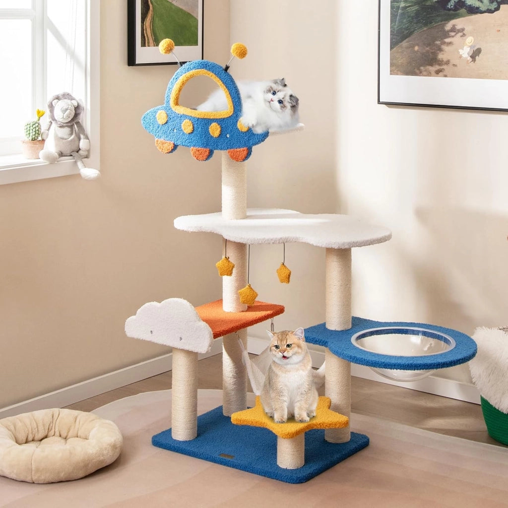 Tiragraffi per Gatti a Tema Spaziale, Albero per Gatti con Piattaforma a UFO e Pali in Sisal, Torre per Animali Domestici Interno (58 x 45 x 124cm)