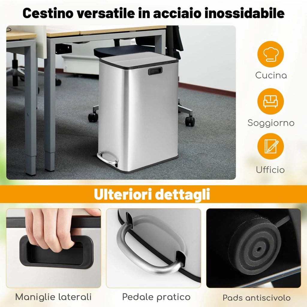 Bidone per Rifiuti in Acciaio Inox 46L, Cestino per Spazzatura con Ali a Bloccaggio Morbido e Secchio Interno Rimovibile, Bidone della Spazzatura a Pedale per Casa Ufficio