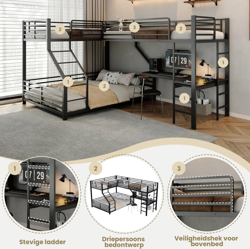 Letto a castello a tre posti con scrivania; 90x200 cm e 140x200 cm; in metallo e MDF; nero