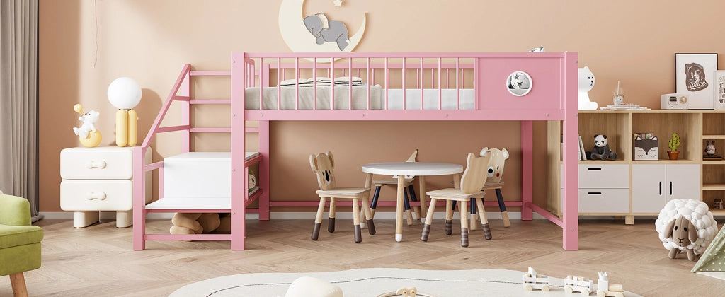 Letto a castello basso per bambini 90x200 cm in metallo con scala contenitore, Rosa
