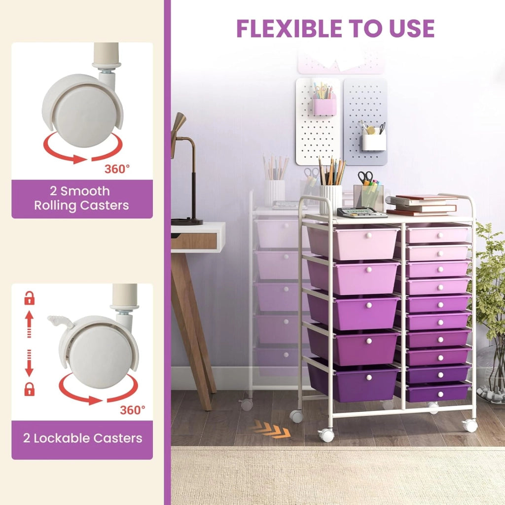Carrelli Porta Oggetti, con 10+5 Cassetti Impilabili, 2 Ruote Bloccabili, Braccioli Metallici, Portabile e Pratico, per Ufficio, Studio, Cucina,Bagno, 5 Colori Disponibili, 62,5x37x87 cm