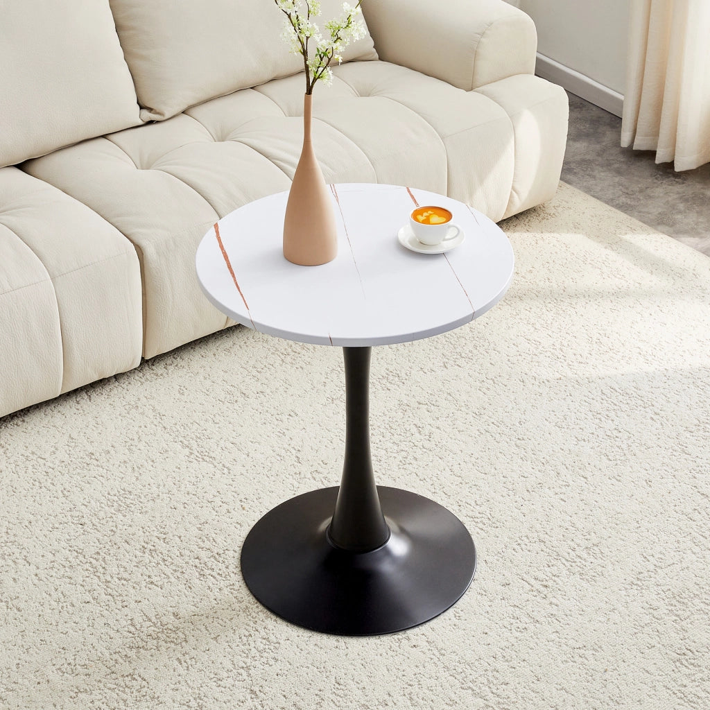 Tavolo da pranzo rotondo in MDF e metallo con piano termoformato, stile mid-century, bianco e nero