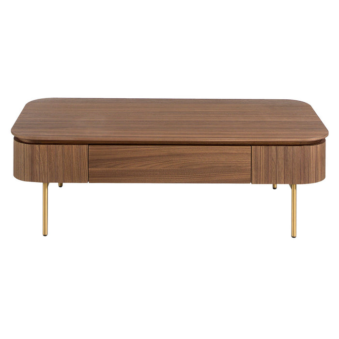 Tavolino rettangolare in noce e acciaio lucidato oro