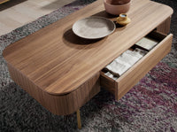 Tavolino rettangolare in noce e acciaio lucidato oro