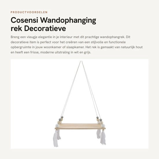 Scaffale a muro con design decorativo 
Scaffale a muro con fune di sospensione 
Scaffale a muro con funzione di ripostiglio 
Scaffale a muro con decorazione per parete 
Scaffale a muro con aspetto elegante 
Pannello di legno