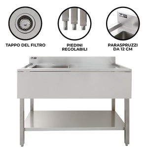 Lavello per ristorazione in acciaio inox per cucina commerciale a vasca singola con Drenaggio a destra