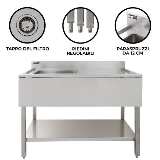 Lavello per ristorazione in acciaio inox per cucina commerciale a vasca singola con Drenaggio a destra