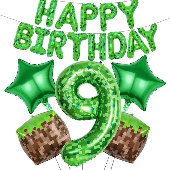 Folone di carta Happy Birthday - Ballo per il compleanno - Decorazione di compleanno con disegno pixel - Tema videogioco - Ballo per il compleanno di 9 anni