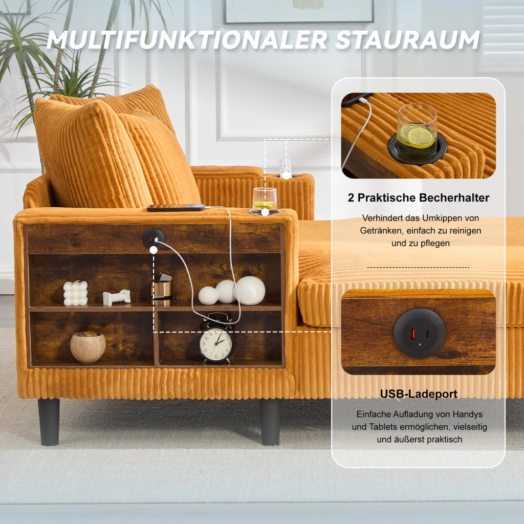 Méridienne con portabicchieri, luci LED, vano portaoggetti e porta USB in velluto a coste giallo senape 129 × 170 × 70 cm