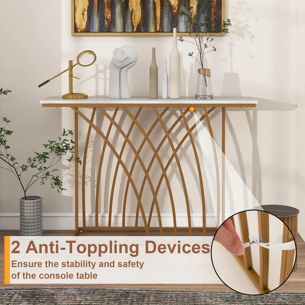 Tavolo da Console Ingresso Moderno con Piano in Finto Marmo, Struttura Geometrica in Metallo Dorato, 120 x 30 x 80 cm, Oro e Bianco