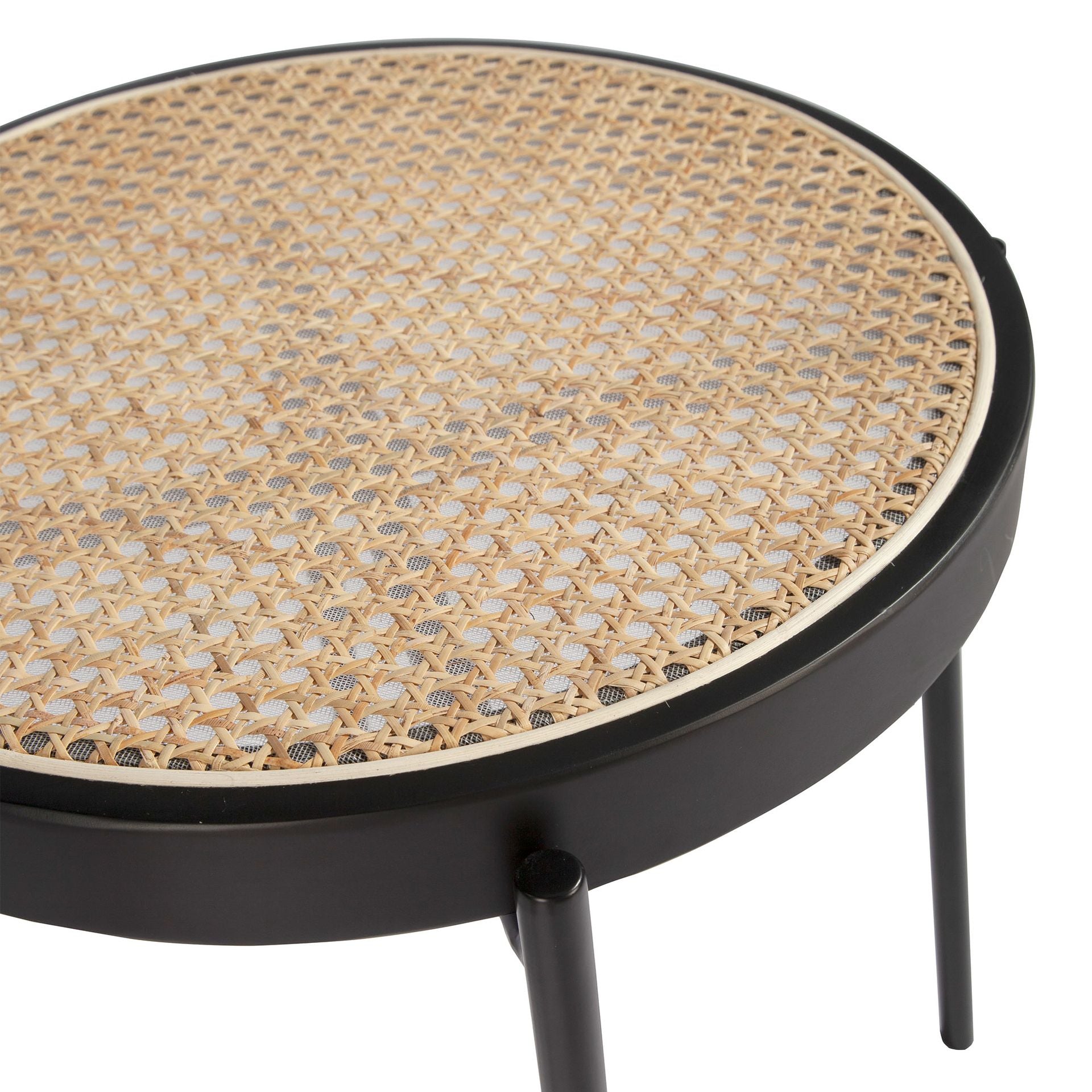 Tavolo angolare rotondo in rattan, legno nero e acciaio nero