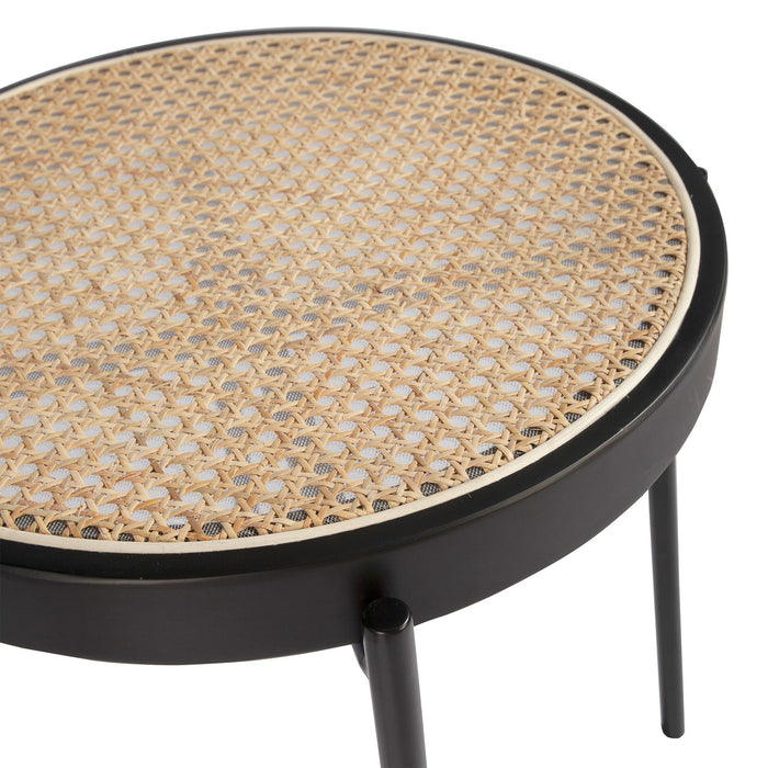 Tavolo angolare rotondo in rattan, legno nero e acciaio nero